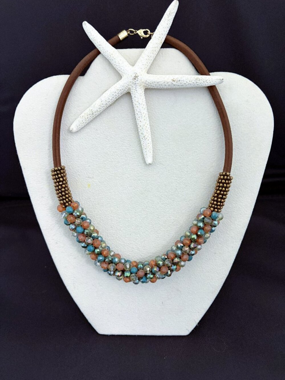 Bohemian Handmade necklace 21" Turquoise and Peach Crystal Beads